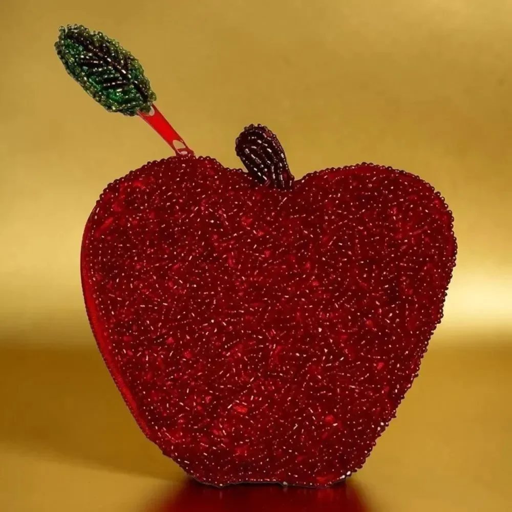 Vintage Apple Coin Purse Red Glass Seed Beads Kitsch Fruit Novelty Zipper Pouch